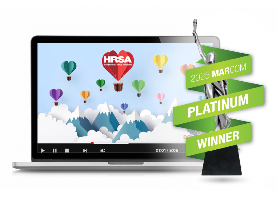 2025 MARCOM Platinum Winner graphic featuring a silver trophy with a green ribbon wrapping around it and a laptop featuring the creative work.