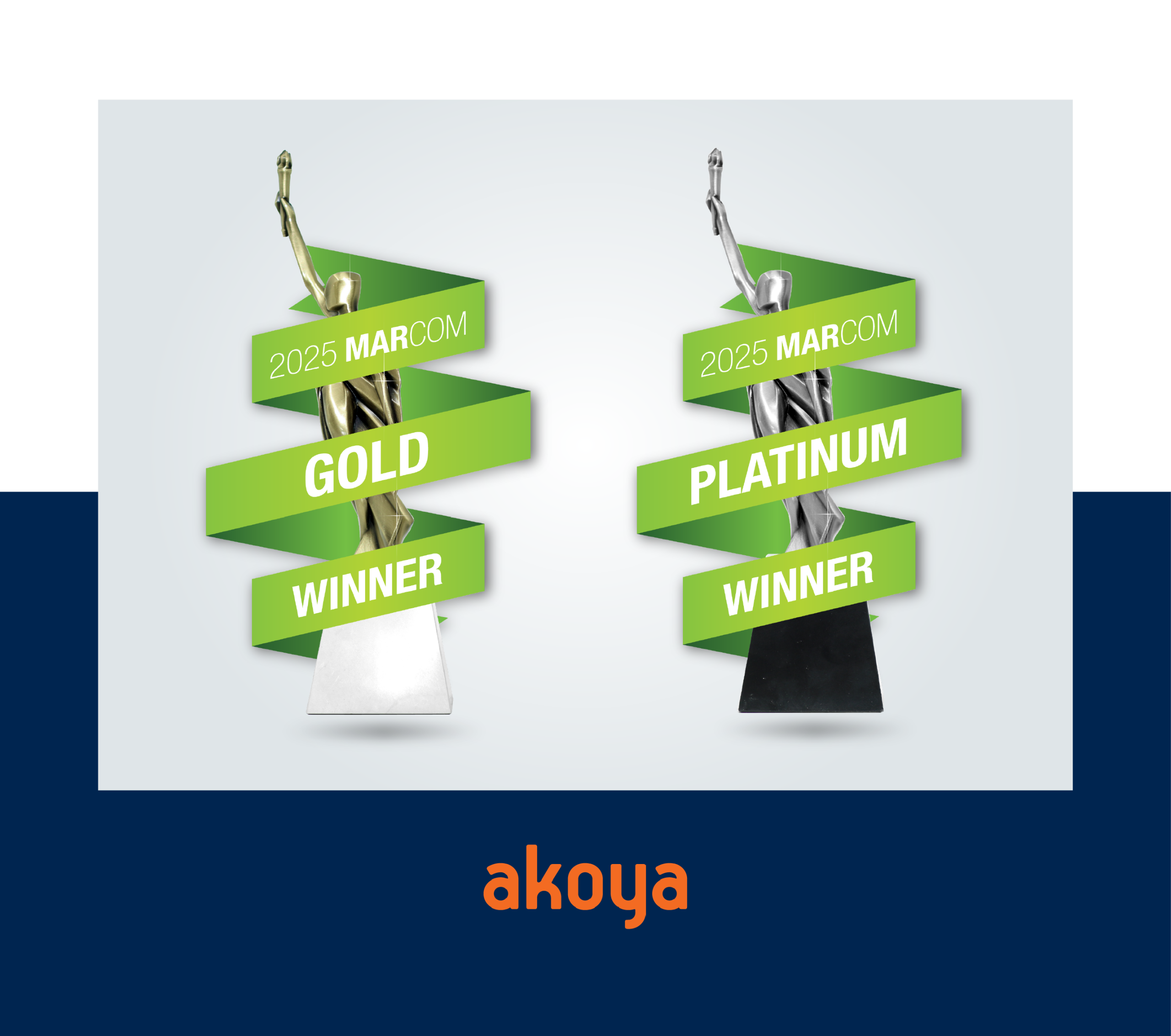 Two trophies wrapped in banners featuring the text of the award.