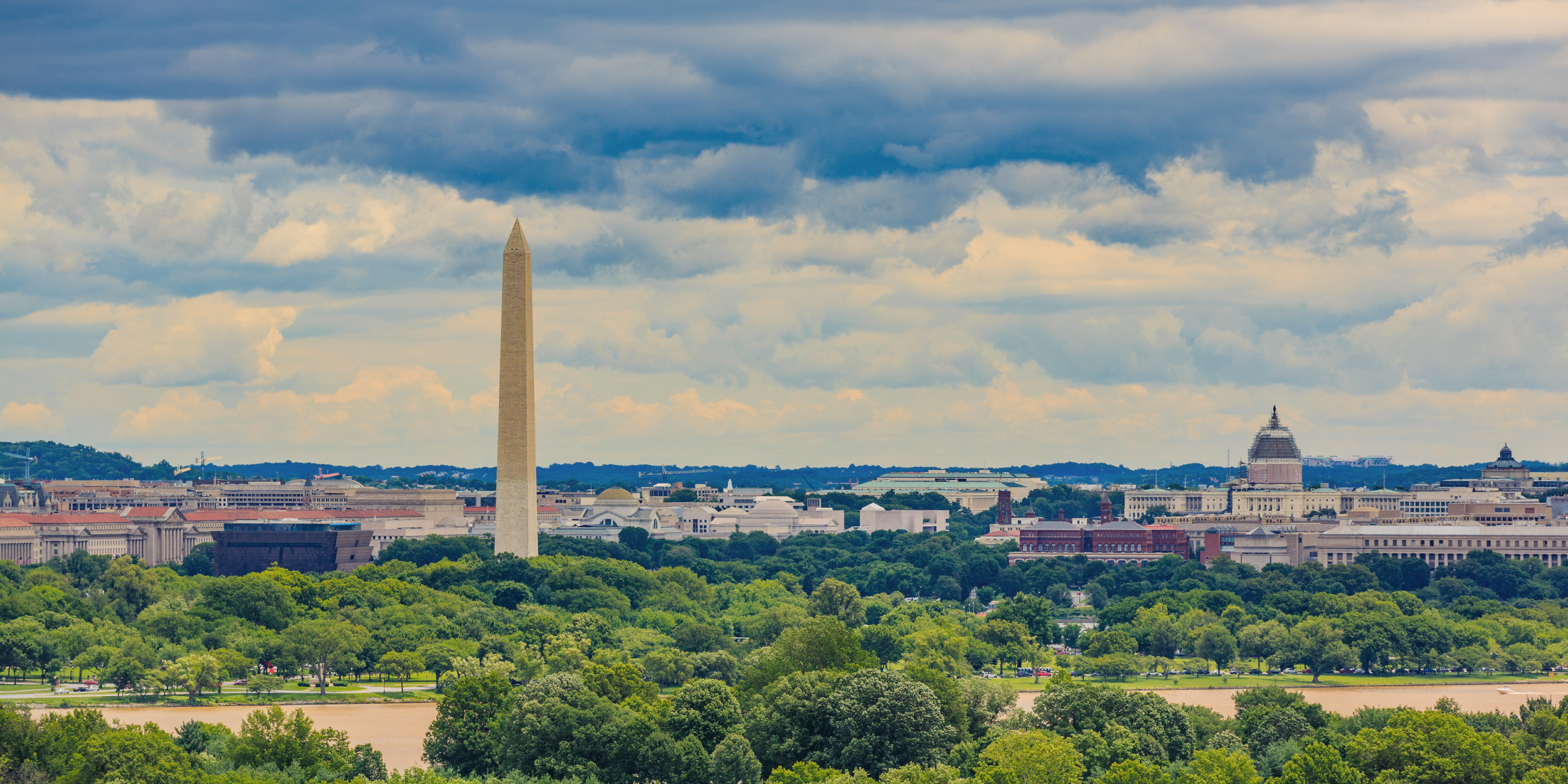 Washington, D.C. cityscape with Washington Monument and Capitol Hill, viewed from Arlington National Cemetery.